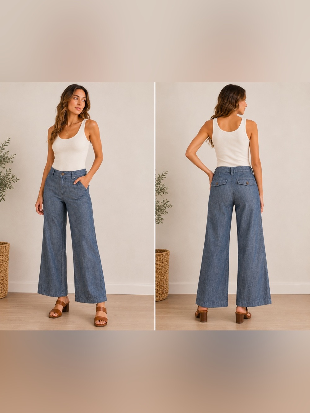Gap Chambray Wide Leg Pants Blue Mid Rise Trouser Jeans 4/29Reg